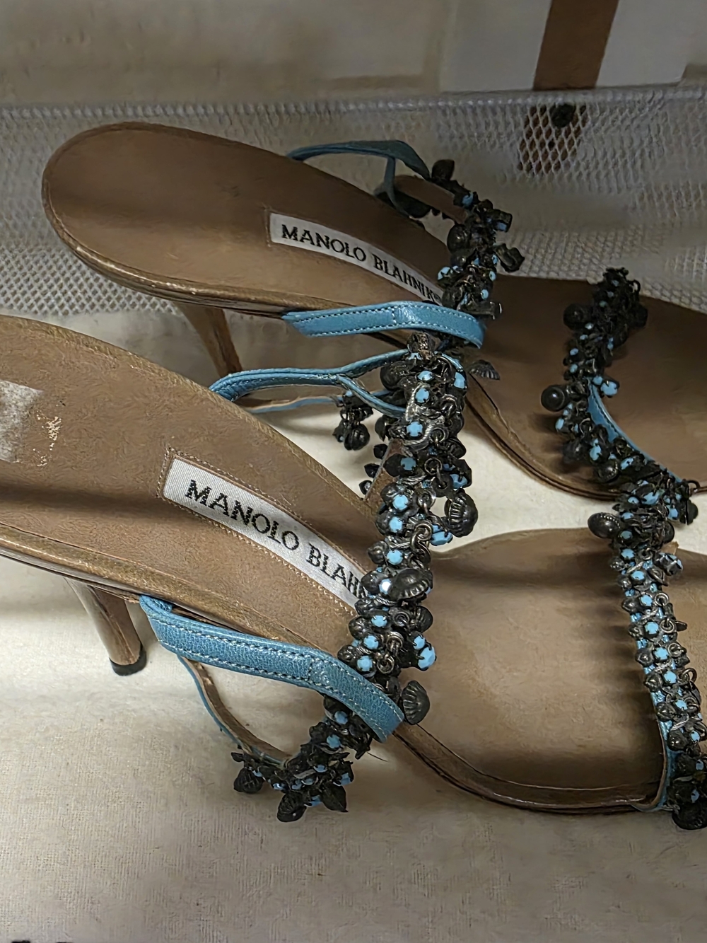 Manolo Blahnik Turquoise Jeweled Open-Toe Heels